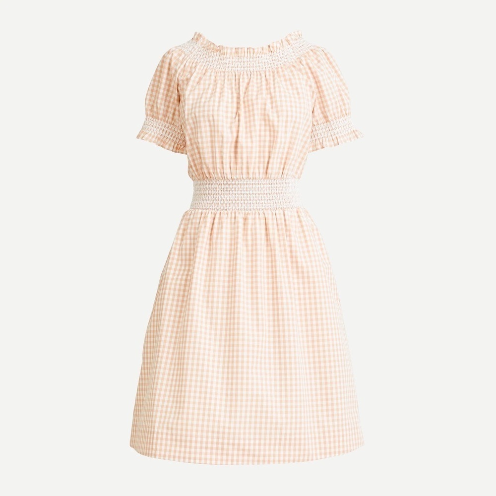 NWT J.CREW Smocked puff-sleeve cotton poplin dress in gingham